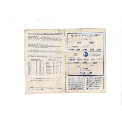 1949/50 Queens Park Rangers v West Ham United Football Programme