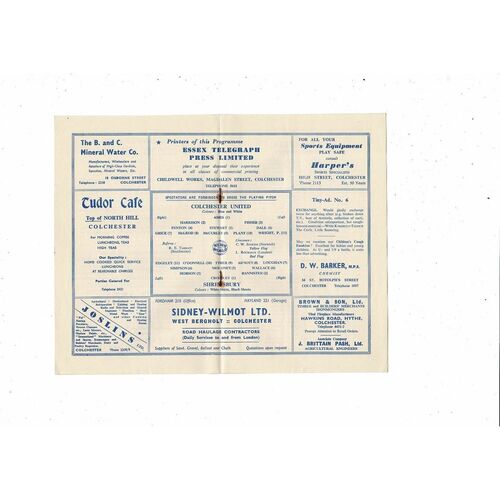 1955/56 Colchester United v Shrewsbury Town Football Programme
