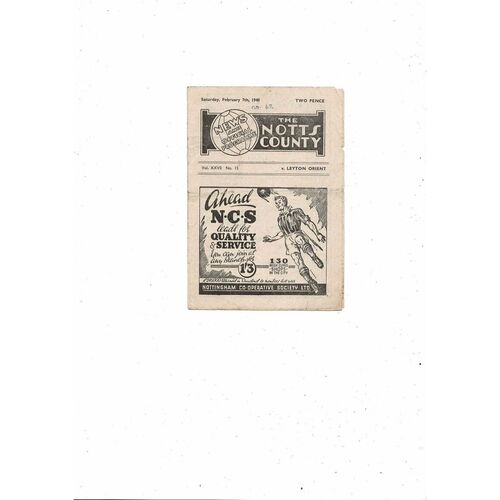 1947/48 Notts County v Leyton Orient Football Programme