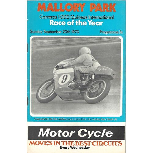 1970 Mallory Park Carreras 1,000 Guineas International Race of the Year Motor Cycle Race Meeting (20/09/1970) Motor Cycle Racing Programme