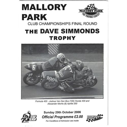 2006 Mallory Park Club Championships Final Round/The Dave Simmonds Trophy Motor Cycle Race Meeting (29/10/2006) Motor Cycle Racing Programme
