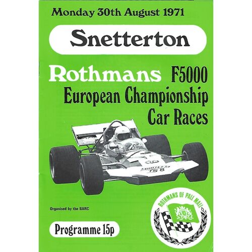1971 Snetterton Rothmans F5000 European Championship Car Races Meeting (30/08/1971) Motor Racing Programme