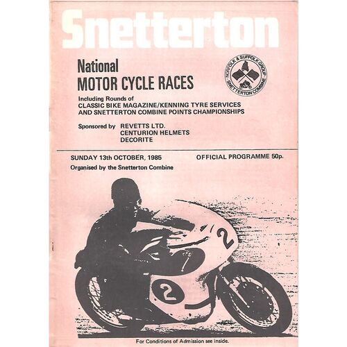 1985 Snetterton National Motor Cycle Race Meeting (13/10/1985) Motor Cycle Racing Programme