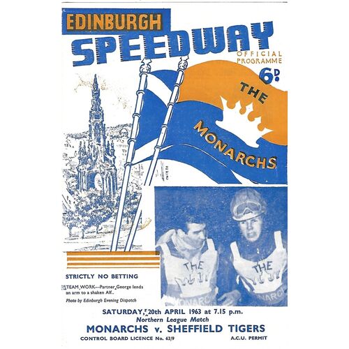 1986 Edinburgh Monarchs v Sheffield Tigers Northern League (20/04/1963) Speedway Programme