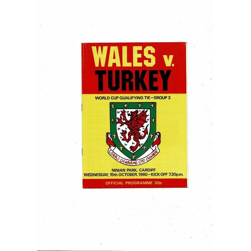 1980 Wales v Turkey Football Programme @ Cardiff