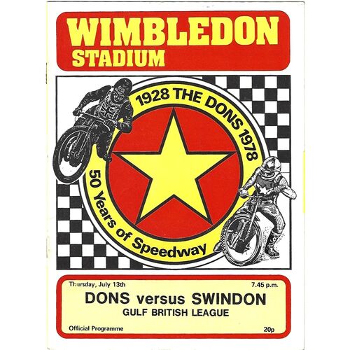 1978 Wimbledon v Swindon Gulf British League (13/07/1978) Speedway Programme