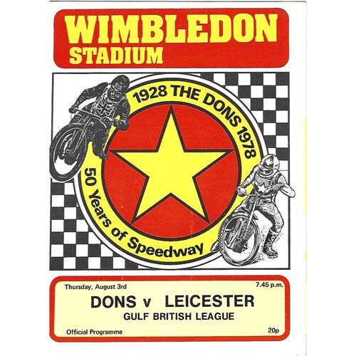 1978 Wimbledon v Leicester Gulf British League (03/08/1978) Speedway Programme