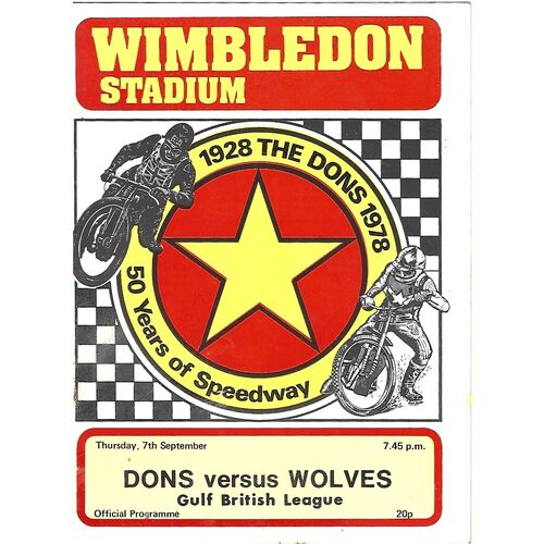 1978 Wimbledon v Wolverhampton Gulf British League (07/09/1978) Speedway Programme