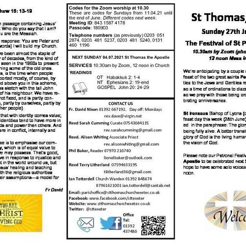 Pew Sheet | The Parish of St Thomas, Exeter