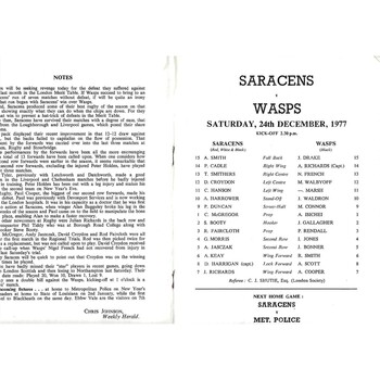 1977/78 Saracens v Wasps Rugby Union Programme