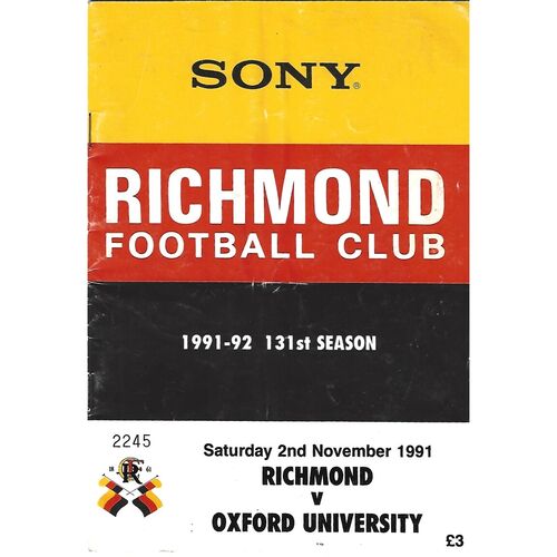 1991/92 Richmond v Oxford University Rugby Union Programme