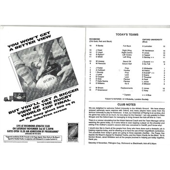 1991/92 Richmond v Oxford University Rugby Union Programme