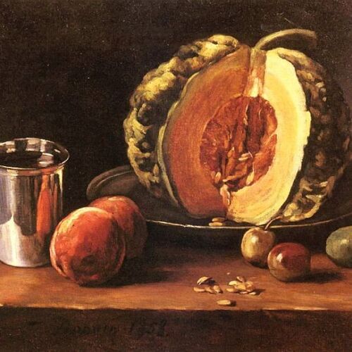 Still Life with a Pumpkin, Peaches and a Silver Goblet on a Table Top