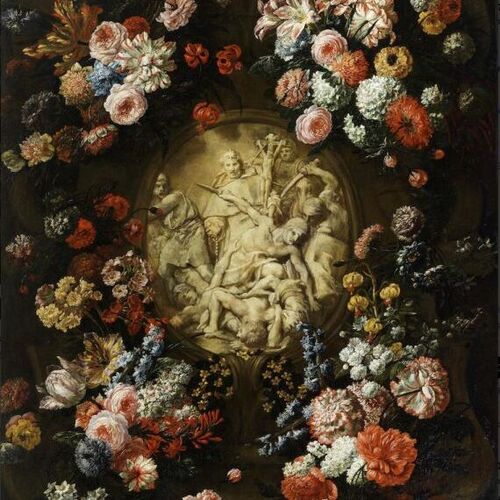 A Garland of Flowers, Surrounding a Medallion, Enclosing an early Christian Motif