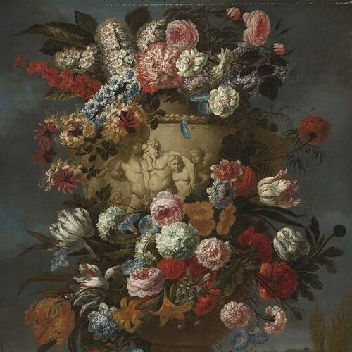 Flowers in a Sculpted Urn in a Landscape