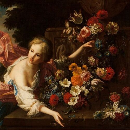 Young Woman in front of a Classical Relief, Surrounded by Flowers