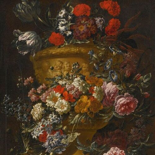Still Life of Flowers in Sculpted Stone Urn