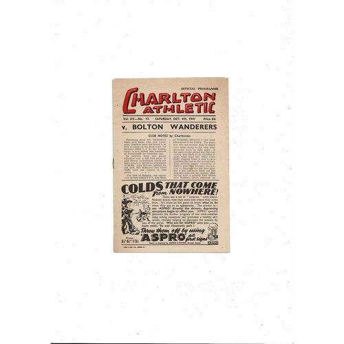 1947/48 Charlton Athletic v Bolton Wanderers Football Programme