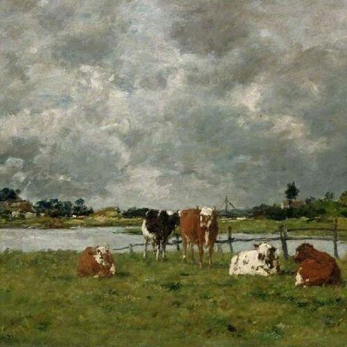 Cows in a Field under a Stormy Sky