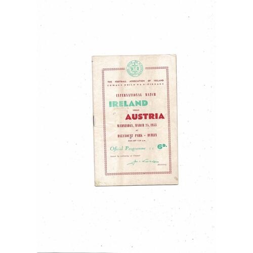 1953 Republic of Ireland v Austria Football Programme
