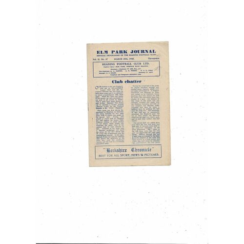 1947/48 Reading v Watford Football Programme