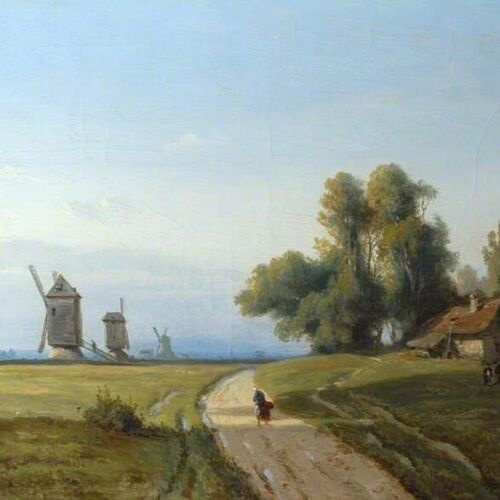 Landscape with Trees and a Cottage, Windmills in the Distance