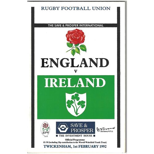 1992 England v Ireland Five Nations Rugby Union Programme