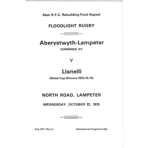 1975/76 Aberystwyth-Lampeter Combined XV v Llanelli (22/10/1975) Aber R.F.C Rebuilding Fund Appeal Rugby Union Programme