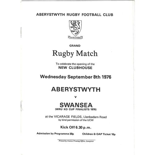 1976/77 Aberystwyth v Swansea (08/09/1976) New Clubhouse Opening Match Rugby Union Programme