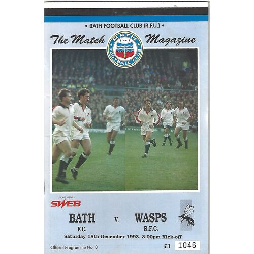 1993/94 Bath v Wasps (18/12/1993) Rugby Union Programme