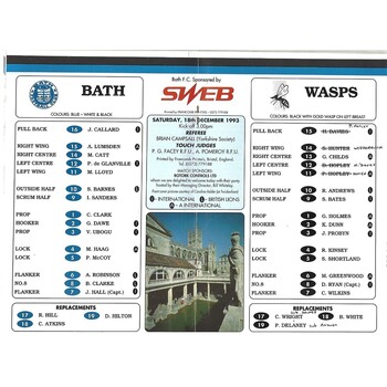 1993/94 Bath v Wasps (18/12/1993) Rugby Union Programme
