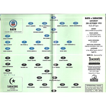 1995/96 Bath v Saracens (28/10/1995) Rugby Union Programme