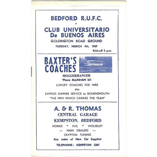 1968/69 Bedford v Club Universitario De Buenos Aires (04/03/1969) Rugby Union Programme