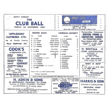 1969/70 Bedford v Cambridge University (22/10/1969) Rugby Union Programme