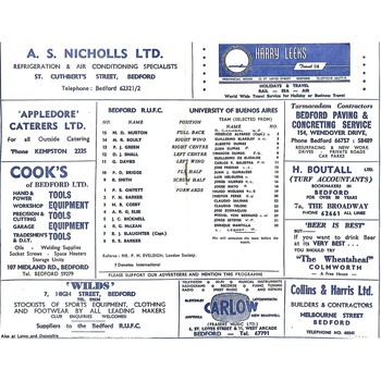 1968/69 Bedford v Club Universitario De Buenos Aires (04/03/1969) Rugby Union Programme