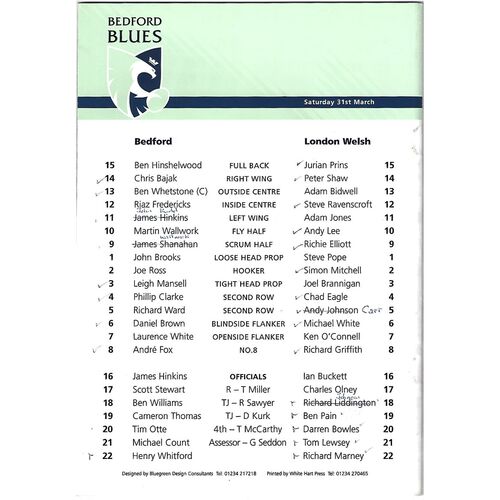 2000/01 Bedford Blues v London Welsh (31/03/2001) Rugby Union Programme