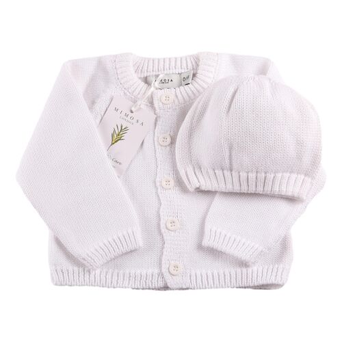 Organic Baby Cardigan & Hat Set - White