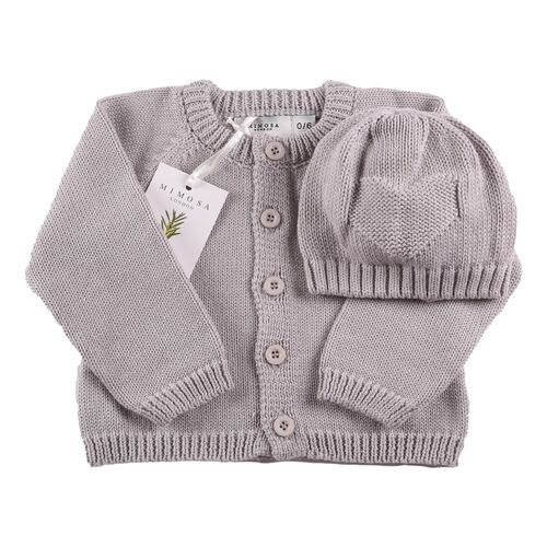 Organic Baby Cardigan & Hat Set - Grey