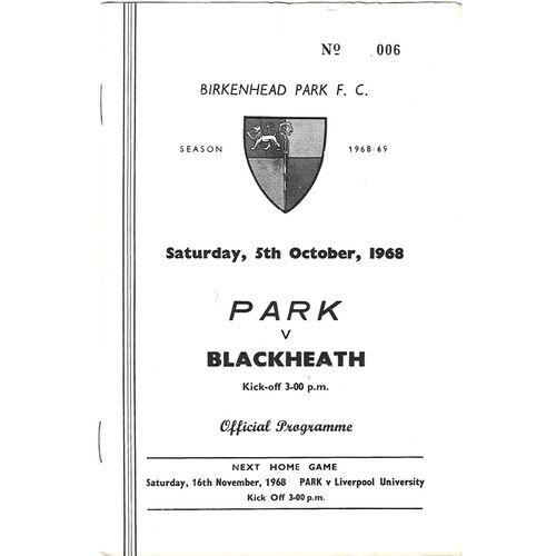 Birkenhead Park Home Rugby Union Programmes