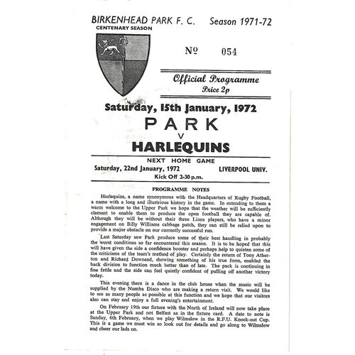 Birkenhead Park Home Rugby Union Programmes
