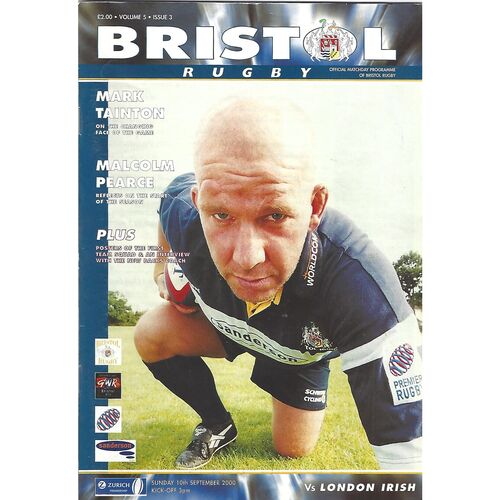2000/01 Bristol v London Irish (10/09/2000) Rugby Union Programme & Newsletter