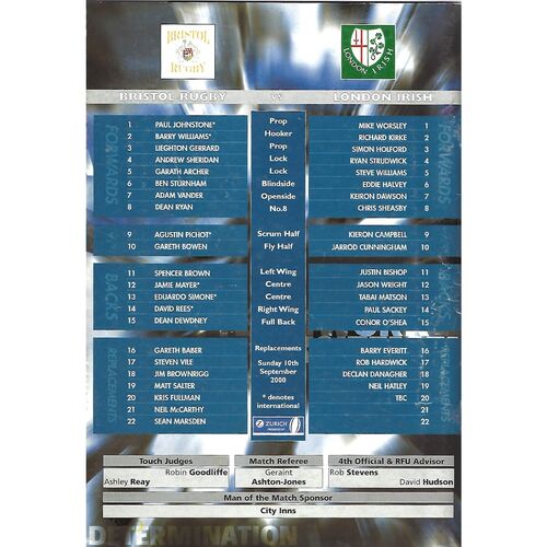 2000/01 Bristol v London Irish (10/09/2000) Rugby Union Programme & Newsletter