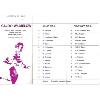 1974/75 Caldy v Wilmslow Cheshire Cup 3rd round (23/02/1975) Rugby Union Programme