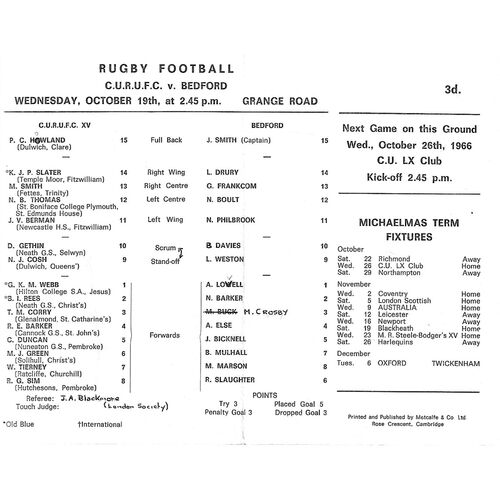 1966/67 Cambridge University v Bedford (19/10/1966) Rugby Union Programme