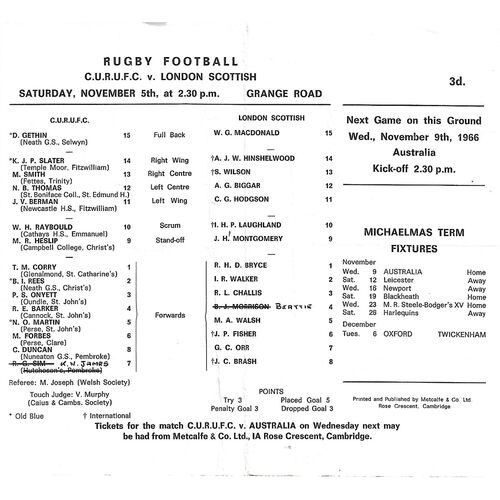 1966/67 Cambridge University v London Scottish (05/11/1966) Rugby Union Programme