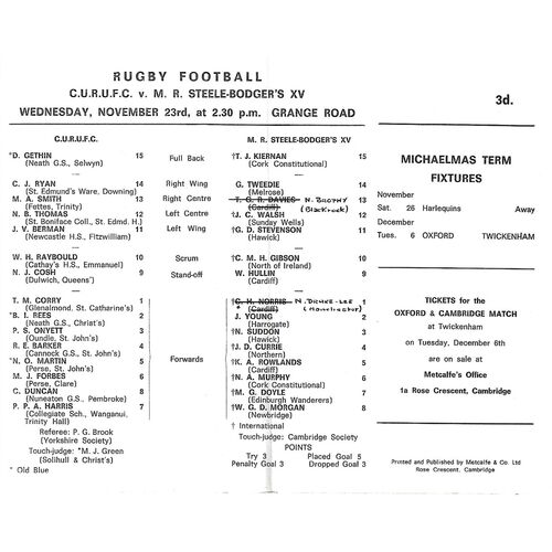 1966/67 Cambridge University v M.R Steele-Bodger's XV (23/11/1966) Rugby Union Programme