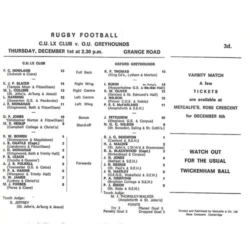 Cambridge University LX Club Home Rugby Union Programmes