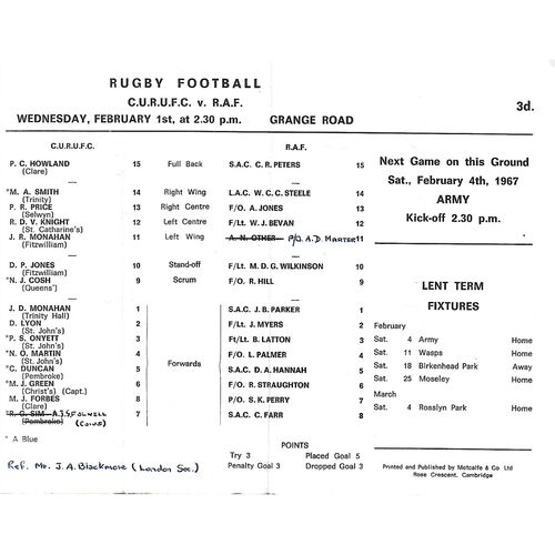 1966/67 Cambridge University v Royal AIr Force (01/02/1967) Rugby Union Programme
