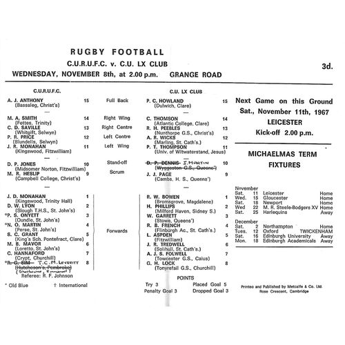 1967/68 Cambridge University v Cambridge University LX Club (08/11/1967) Rugby Union Programme