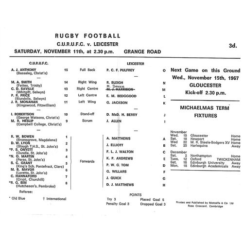 1967/68 Cambridge University v Leicester (11/11/1967) Rugby Union Programme